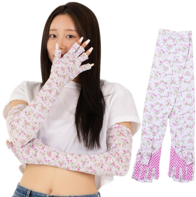 위키란쥬 여름 꽃무늬 골프 여성 자외선차단 냉감 팔토시 손가락 손등 쿨토시, 분홍색 양손, 1세트