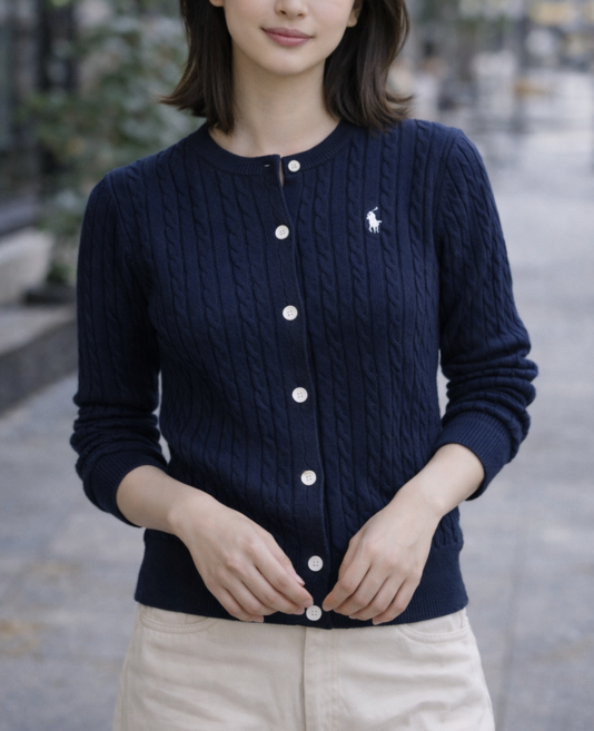 폴로랄프로랜 걸즈 코튼 퓨어 꽈배기 가디건 그레이 네이비
