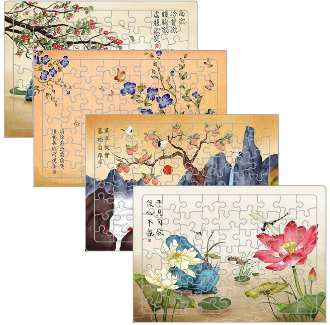 A3 민화 치매예방 동양화 부모님 어르신 효도 퍼즐 4종 세트, 1세트, 민화 꽃세트, 63피스