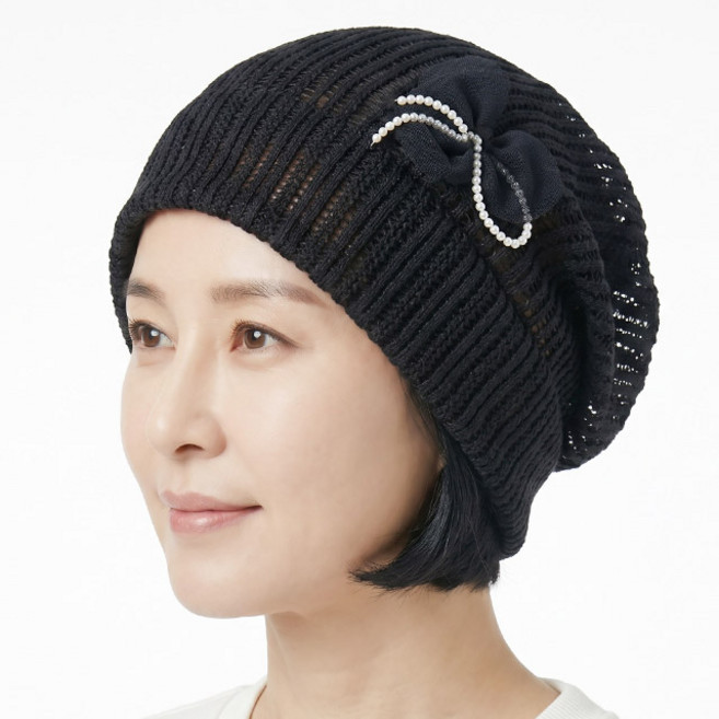 비니 쉬폰 망사 스트라이프 진주꽃 여름 중년여성 모자 두건 플라워 큐빅 화려한 할머니