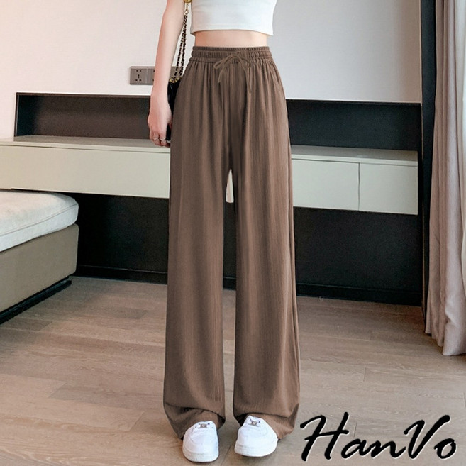 HanVo 冰絲涼感垂感寬褲 顯腿長 俐落有型 鬆緊腰 藏肉顯瘦 女生長褲A04-2641