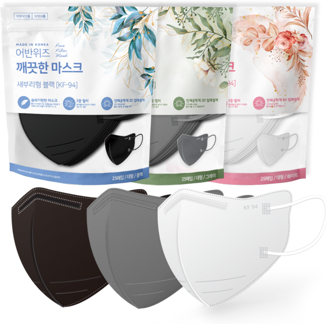 어반위즈 KF94 마스크 새부리형 마스크 대형, 25매, 4개, 그레이