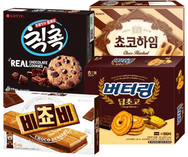 초코과자 4종세트 칙촉180g+초코하임284g+비쵸비125g+버터링딥초코155g/, 1세트, 744g