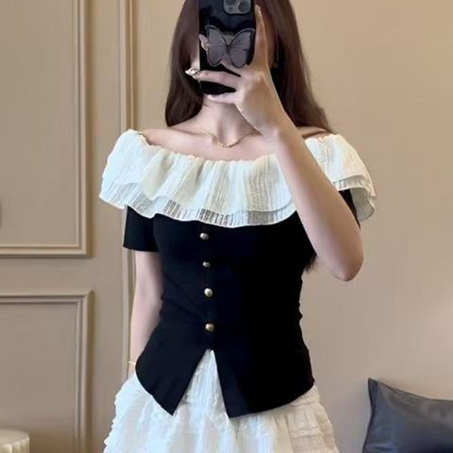 FANSYLI 반팔 티셔츠 여성 패션 프릴 티셔츠 오피스룩 섹시 스판 슬림 일자 어깨티 빅사이즈 X2505M22