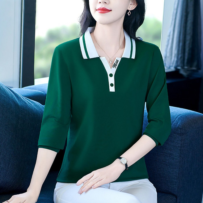 Vezri 중년여성 봄 가을 긴소매 티셔츠 캐주얼 칼라 티셔츠