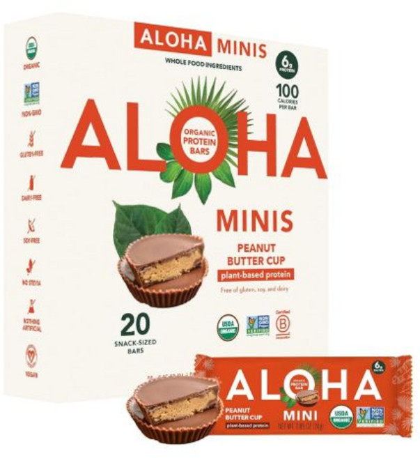 ALOHA 초콜릿 쿠키 알로하 식물성 프로틴 바 미니 칩 도우 20개입 24g 비건 저당 글루텐 프리 팔레오 저탄수화물 비GMO 스테비아 무첨가 대두 설탕, 땅콩 버터 컵 바, 1개