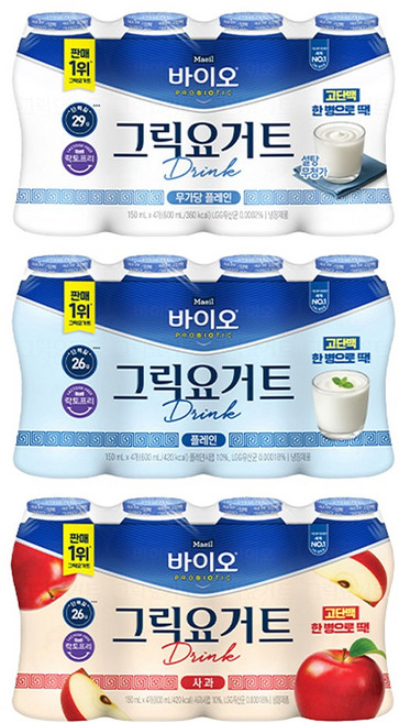 매일바이오 그릭요거트 드링크(150mlX4입) 무가당1개+플레인1개+사과1개 냉장무료배송