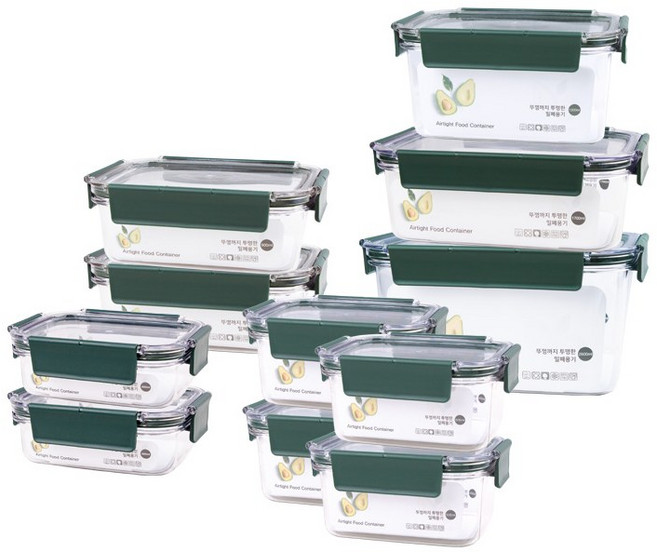 올클리어락 국내생산 BPA FREE 직사각 밀폐용기 11종 세트 그린, 밀폐용기11종세트, 1세트