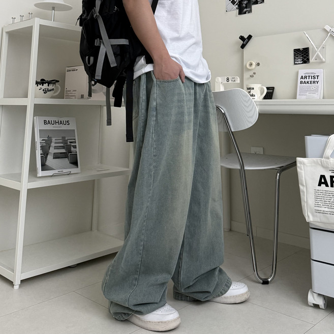 르위 남성용 와이드 데님팬츠 밴딩 사이드핀턱 벌룬 청바지 빅사이즈