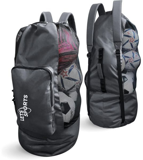 농구 배구 축구용 축구공 가방 | 대형 드로스트링 볼 메쉬 코치용 어깨끈 포함 장비 37인치 x 17인치\", 1개, Grey Black