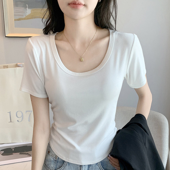 夏季女裝 短袖T恤 正肩設計 U領修身 打底上衣 舒適透氣 日常穿搭 休閒風格, 2XL