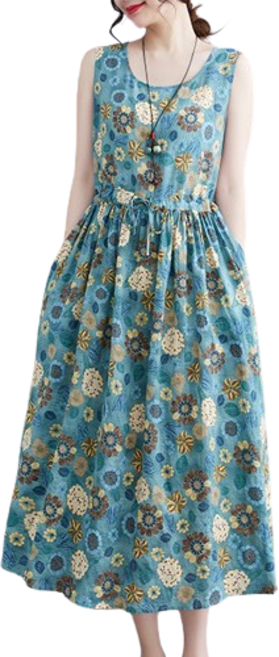 티티웍스 여성용 꽃무늬 민소매 린넨 롱 원피스