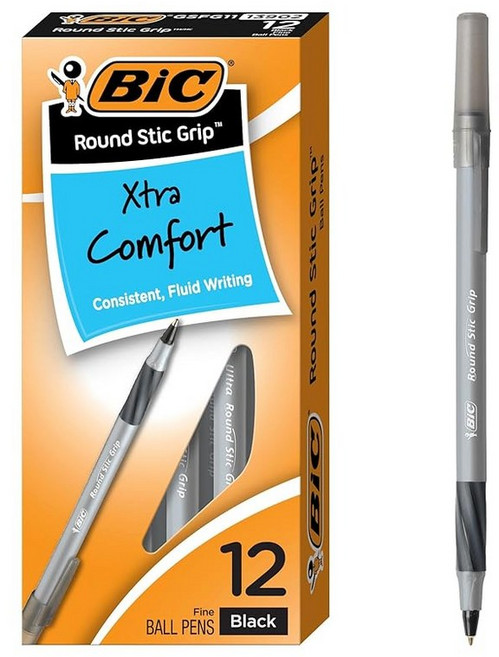 BIC Round Stic Grip Xtra Comfort Ballpoint Pen Fine Point (0.8mm) Black 12-Count