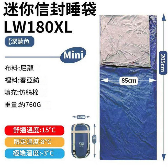 迷你 LW180 睡袋 尼龍材質 舒適溫度 15°C 露營野營適用, 藏青色 760g, 1個