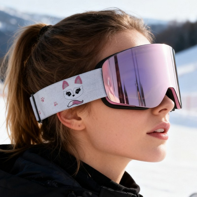 HEYSTOP 스키 고글 스노우 보드 선글라스 안개방지 자외선차단 방풍 근시안경 호환, 1개, 핑크 프레임 + 퍼플 미러 코팅 (스노우 폭스)
