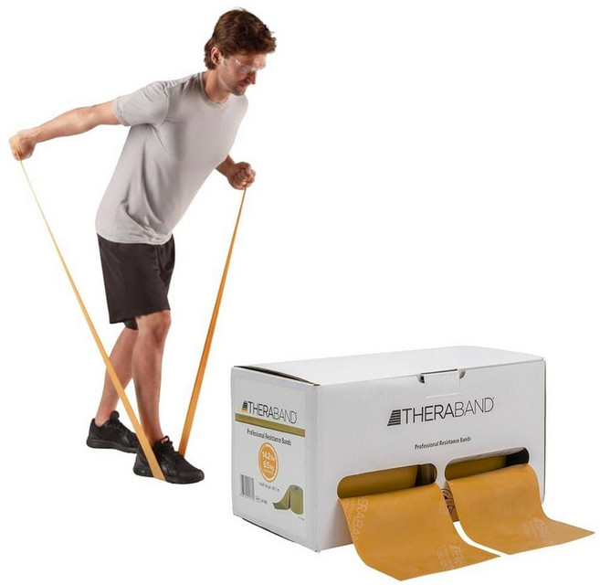 THERABAND 저항 밴드 45.2m(50야드) 롤 헤비 그린 논 라텍스 전문 탄성 밴드 상체 및 하체 운동 물리 치료 필라테스 및 재활용 디스펜서 박스 레벨 4, Latex, Gold | Max