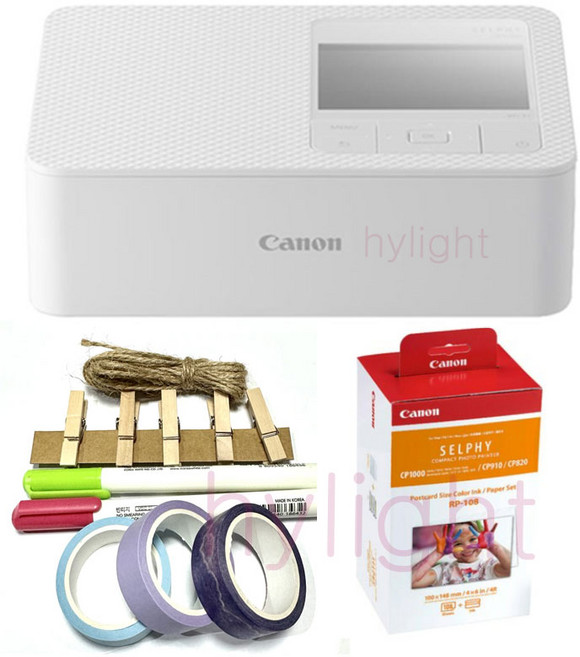 캐논cp1500 SELPHY 포토프린터 화이트본체+108매인화지+잉크카트리지2+꾸미기세트(빈티지형광펜+클립집게+마스킹테이프+끈), 화이트본체+108매인화지+잉크카트리지2+꾸미기세트