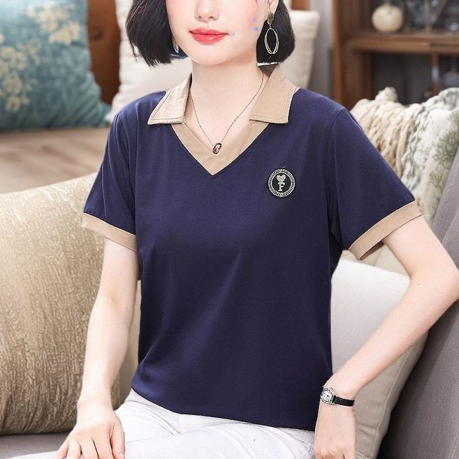 중년 여성 폴로 반팔티 캐주얼 봄 여름 터틀넥 상의 루즈핏 엄마 순면 브이넥 티셔츠 lPC