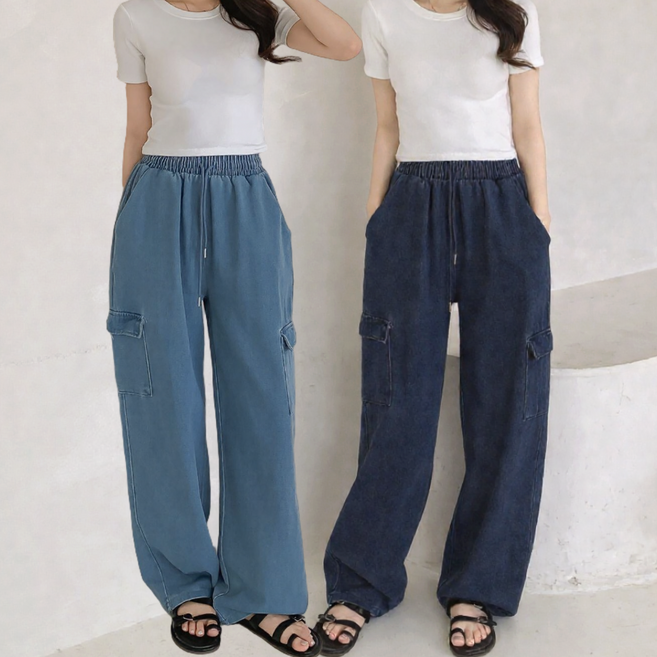 라라로엔픽 여성 허리밴딩 와이드핏 카고 데님 팬츠