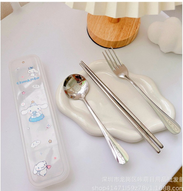 大耳狗Cinnamoroll 兒童餐具組 410不鏽鋼湯匙叉子筷子三件套, 1個, 大耳狗