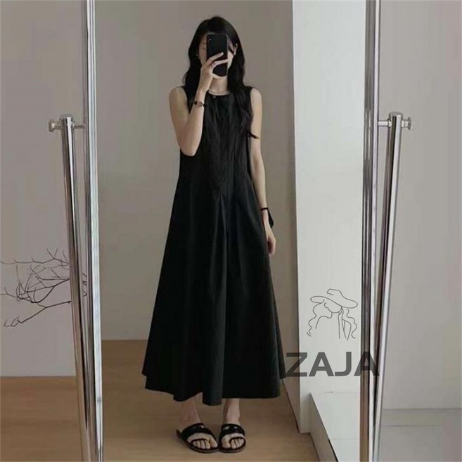 ZAJA 여성 데일리 민소매 플리츠 롱원피스 베이직 a라인 나시 휴가원피스