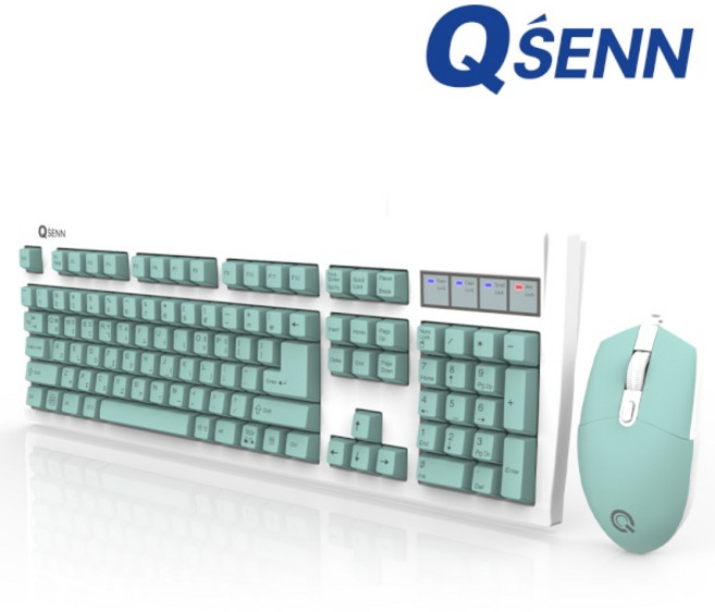 (QSENN) 유선 데스크탑 세트 KM3500 Plus 윤활 (키보드USB/마우스USB) (민트/키스킨포함), 민트, 일반형