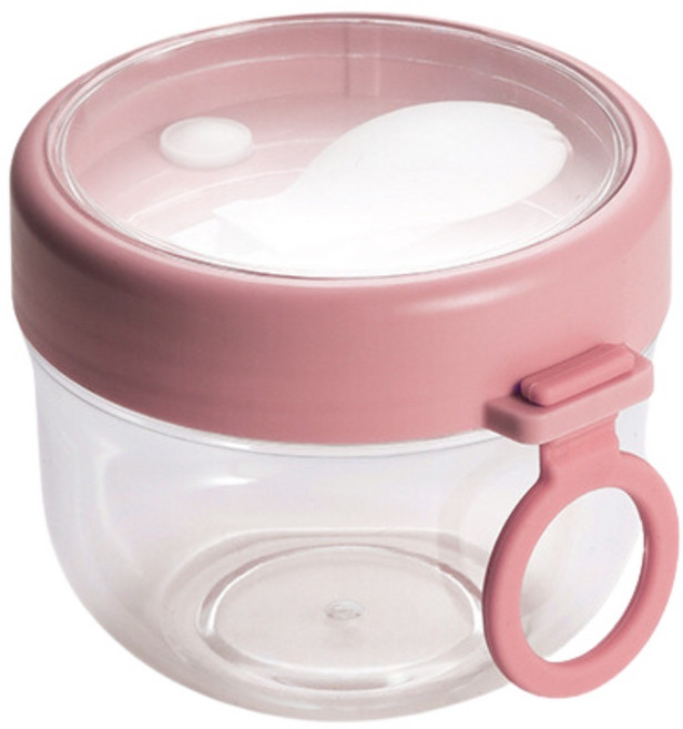 SIMPLICITY CUP 手提式燕麥杯 600ml 附贈可折疊叉勺 透明PC材質 優格沙拉早餐杯, 1個, 粉色600ml-贈可折疊叉勺