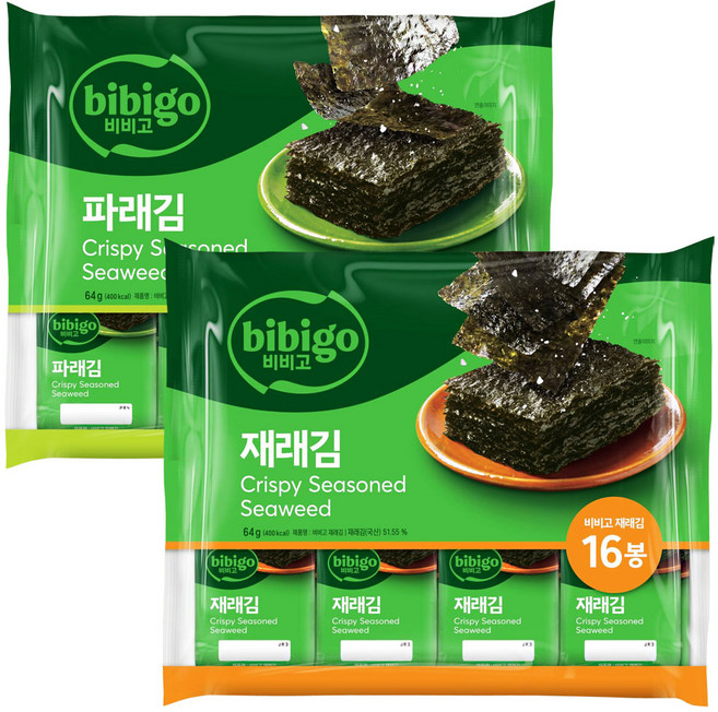 (상온)cj제일제당(주) 명가김 파래김4gx16봉x1개+명가김재래김4gx16봉x1개, 2팩