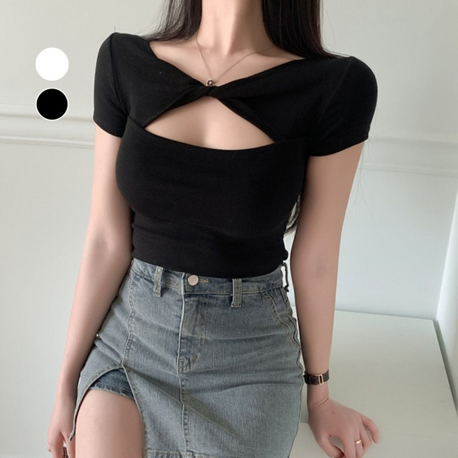 치유쿠 섹시 슬림 쇄골 라인 반팔 티셔츠 여성