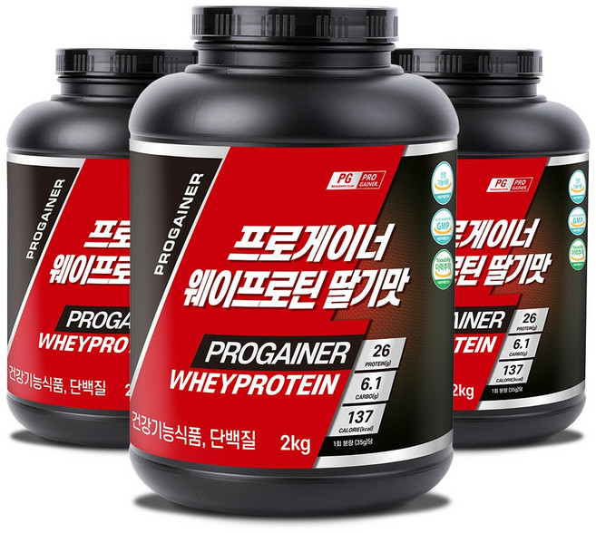 프로게이너 웨이프로틴 딸기맛 유청단백질 프로틴쉐이크, 3개, 2kg