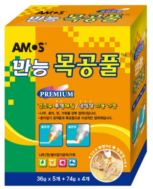 아모스 프리미엄 만능 목공풀 74g x 4p + 36g x 5p 세트, 12세트