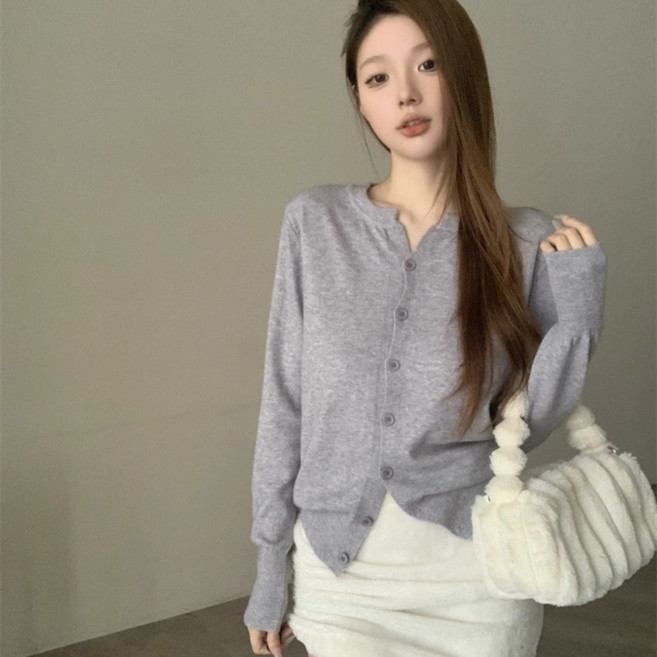 여성용 심플 버튼 업 코튼 가디건 긴팔 라운드넥 봄 가을 데일리 의류