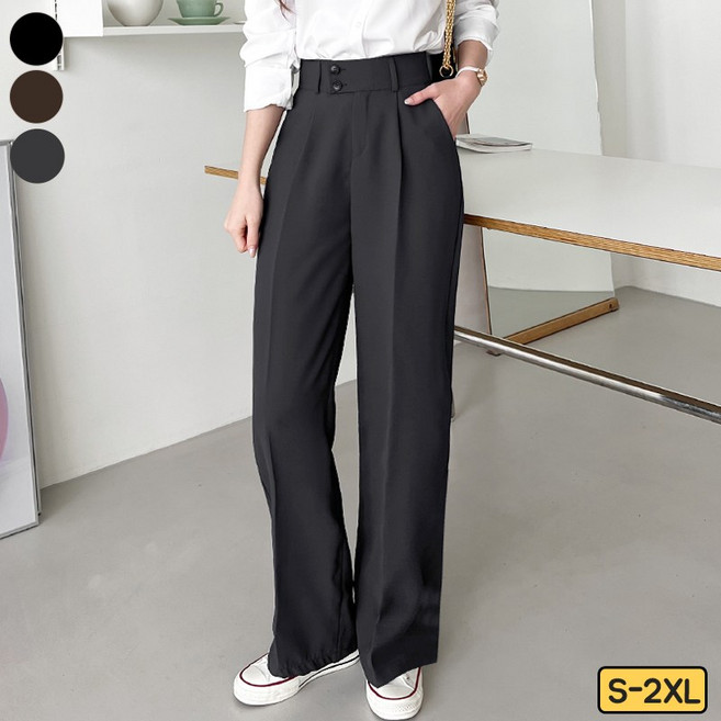 가비진 여성용 뒷밴딩 투버튼 핀턱 일자 와이드 슬랙스 팬츠 바지 하객룩바지 정장바지 빅사이즈까지