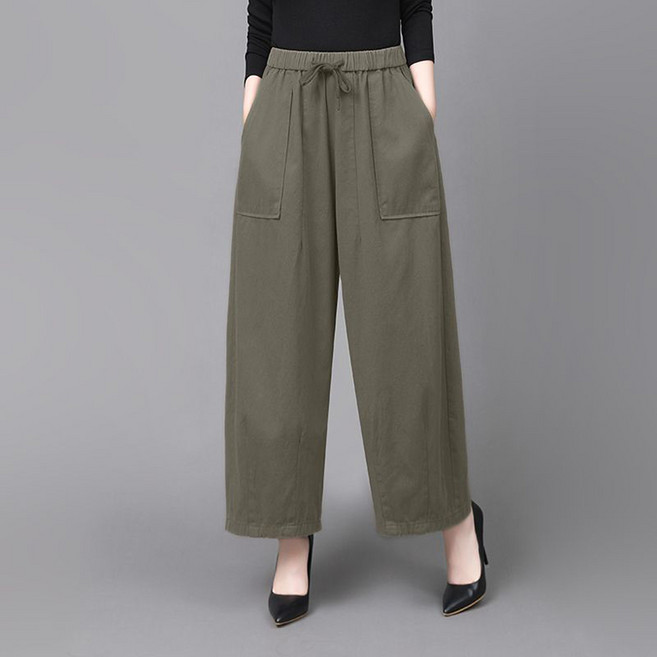 중년여성용 순면 와이드 팬츠 봄여름 하이웨스트 루즈핏 밴딩팬츠 빅포켓 심플 무지 9부 일자 통바지 빅사이즈