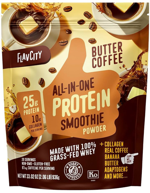플라브시티 잔디 사료 유청 단백질 분말 - 바닐라 스무디 25g 및 10g 콜라겐 진짜 빈과 코코넛 밀크로 만든 텐 프리 무첨가 설탕 (20인분), Butter Coffee