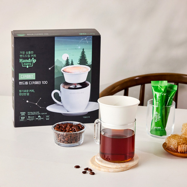 핸드립 프리미엄 드립 원두커피 디카페인100 30T(분쇄원두+드리퍼) 아로마빌커피, 10g, 30개, 핸드드립(중간)