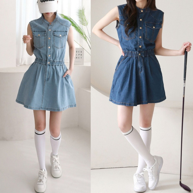 럭스골프 [LuxGolf] 여성 프리미엄 데님 블루진 여름 민소매 캐주얼 골프 청 원피스 (이너팬츠)