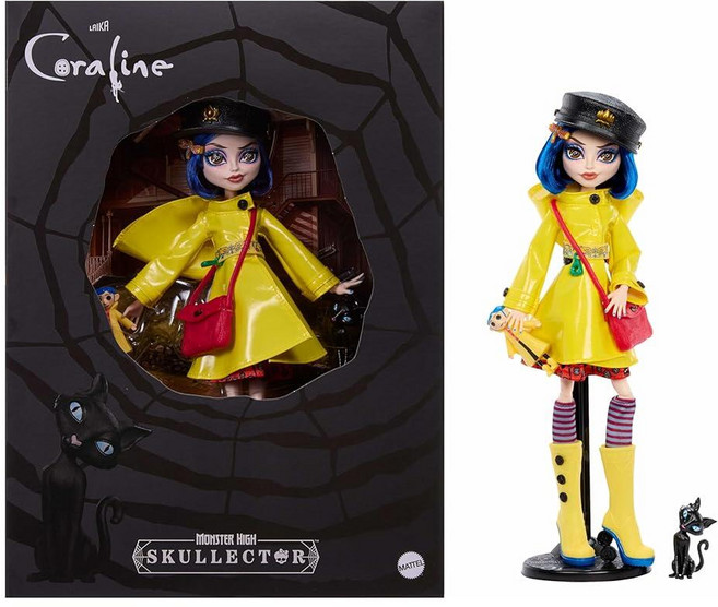 정품++ Monster High 몬스터하이 Skullector 인형 노란 우비의 코랄 수집용 래그 고양이 피규어 인형 스탠드와 같은 드레스 및 액세서리 포함, 정품++ Monster High 몬스터하이 Skulle