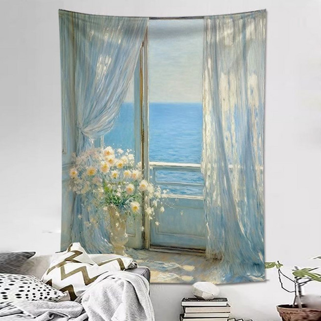 臥室背景布 印象派油畫豎版掛布 房間裝飾遮醜布 床頭裝飾布, 印象派 豎版03,高1米寬0.7米送安裝包