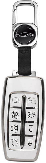 MODACE 제네시스 TPU 소프트젤 자동차키 보호케이스 6버튼/8버튼 + 가죽 메탈 키링, 와 금속 카라비너, 8버튼 실버 화이트