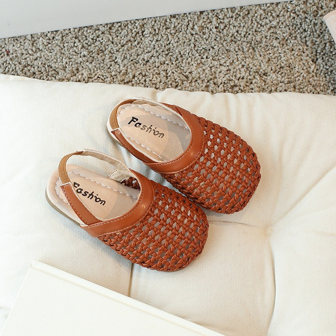 Annie 韓版編織網格羅馬奶奶鞋 女童涼鞋 中大童平底護趾休閒鞋