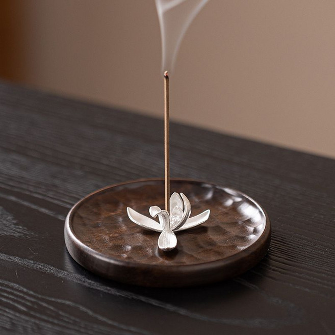 手工黑檀木玉蘭花香插香座 茶席收灰臥香爐, 玉蘭花香插+黑檀木底座