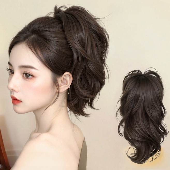 상덕 포니테일 집게핀 머릿결 좋은 인어웨이브 부분가발, 브라운블랙, 1개