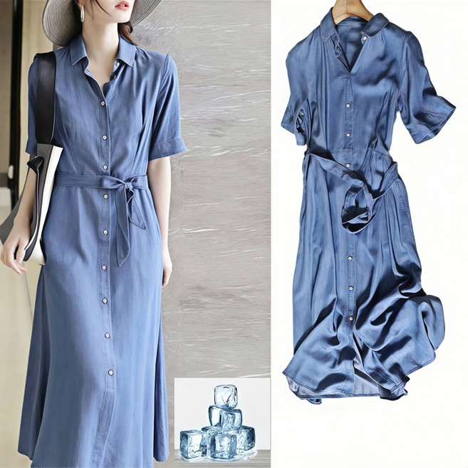 POMTOR 여성용 루즈핏 텐셀쿨데님 원피스 롱 A라인