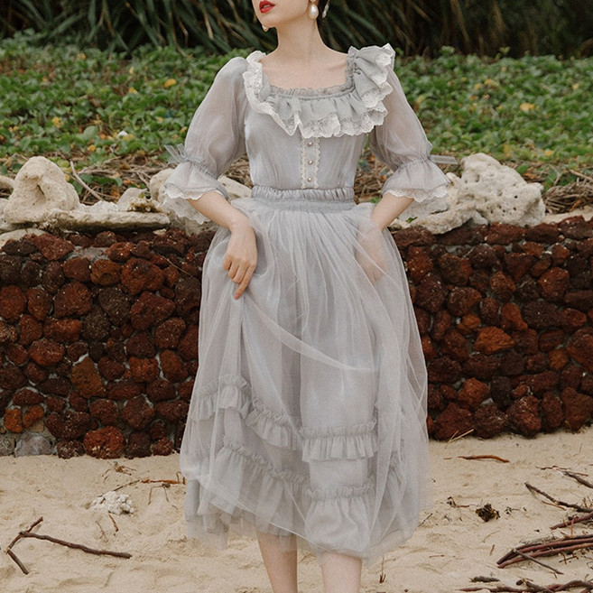 (대여) 실버그레이 2단프릴 레이스 롱원피스 경성의상