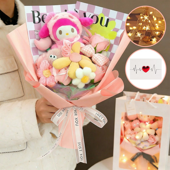 Colvani 인형 꽃다발 졸업식 수료식 행사 선물용 인형꽃 쇼핑백 포함 산리오, 1개, 소프트 핑크