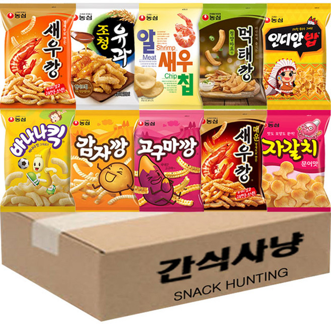 간식사냥 농심 새우깡+매운새우깡+자갈치+알새우칩+먹태깡+인디안밥+바나나킥+고구마깡+감자깡+조청유과, 1개