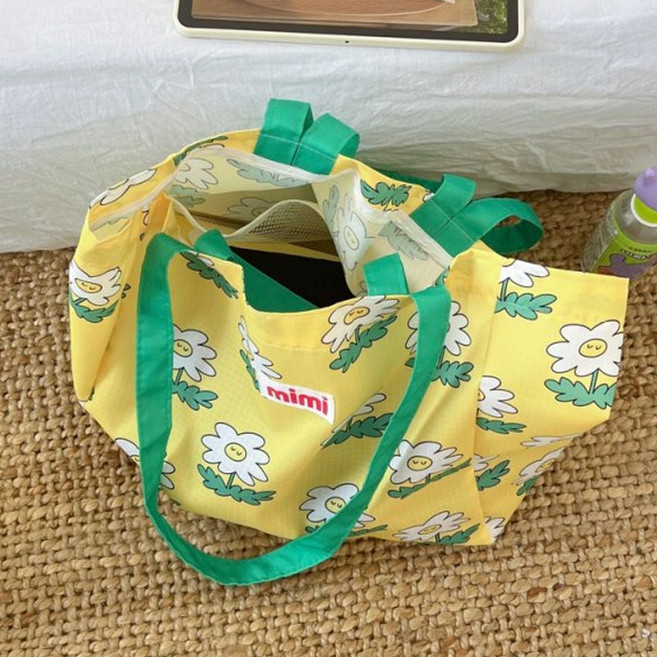 후암마켓 피크닉 도시락 간식 방수 토트백 에코백 다용도 비치백, 노란 꽃, 1개