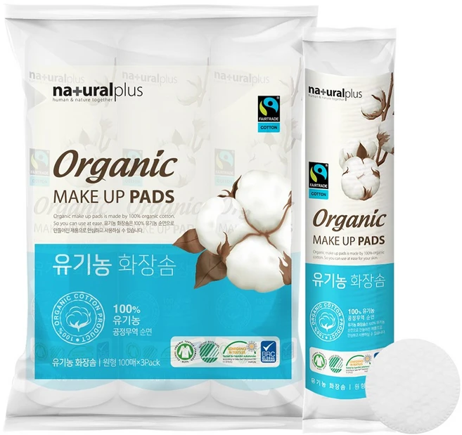내츄럴플러스 유기농 화장솜 원형, 100매입, 3개 - 쿠팡