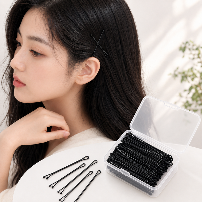 홈루틴 대용량 여성 머리핀 일자 실핀 케이스 세트 100P